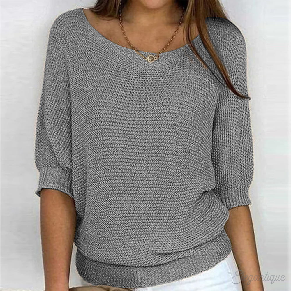Women's Knit Sweater - Loose Fit - Wide Boat Neck - 3/4 Sleeves - Ribbed Edges