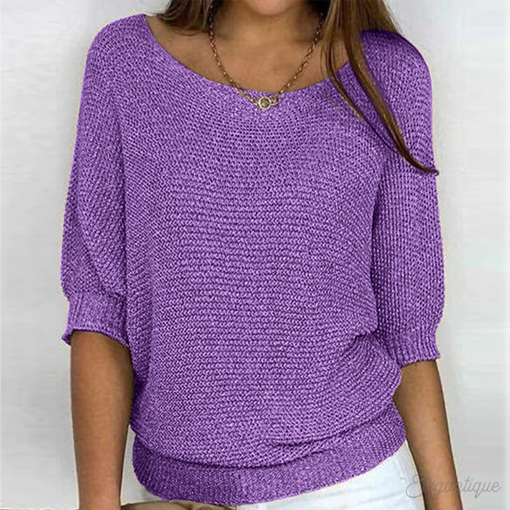 Women's Knit Sweater - Loose Fit - Wide Boat Neck - 3/4 Sleeves - Ribbed Edges