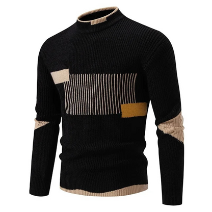 Men's Knit Sweater With Geometric Pattern And Ribbed Texture Long Sleeve Crewneck