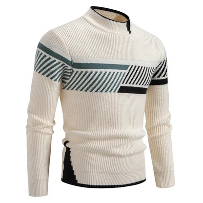 Men's Knit Sweater With Geometric Pattern And Ribbed Texture Long Sleeve Crewneck