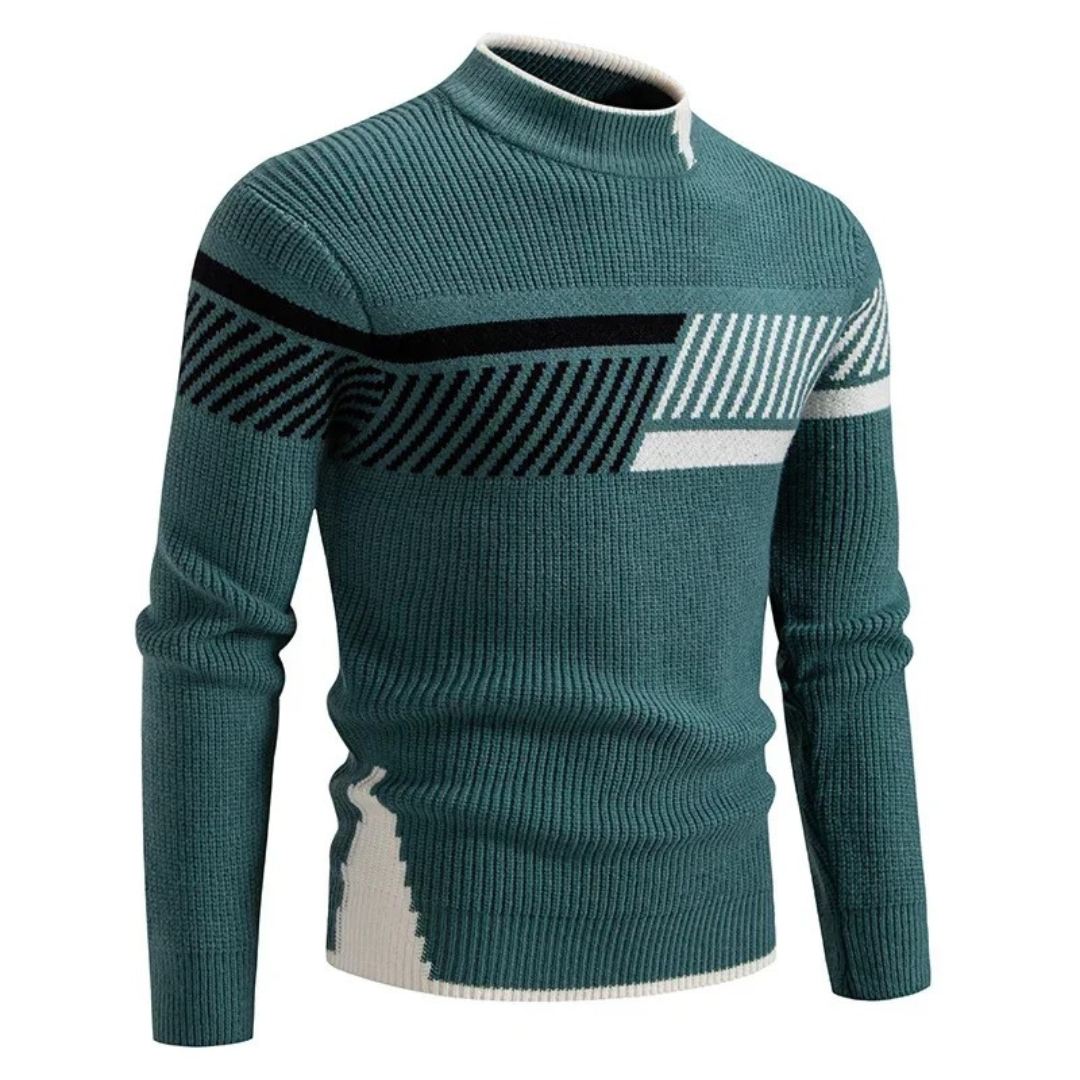 Men's Knit Sweater With Geometric Pattern And Ribbed Texture Long Sleeve Crewneck