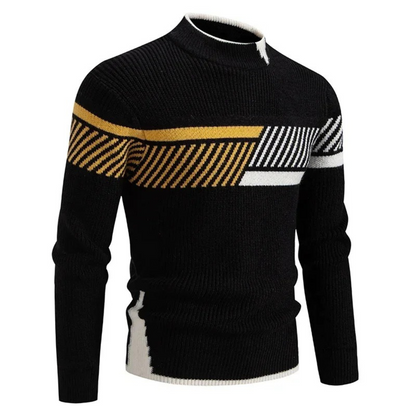 Men's Knit Sweater With Geometric Pattern And Ribbed Texture Long Sleeve Crewneck