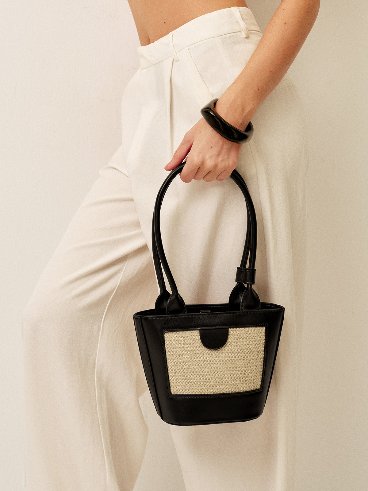 Two-Tone Woven Panel Tote Bag - TrendAura