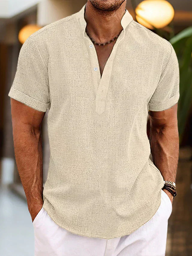 Silas Linen Shirt for Men - Breathable Summer Shirt with Henley Collar and Short Sleeves