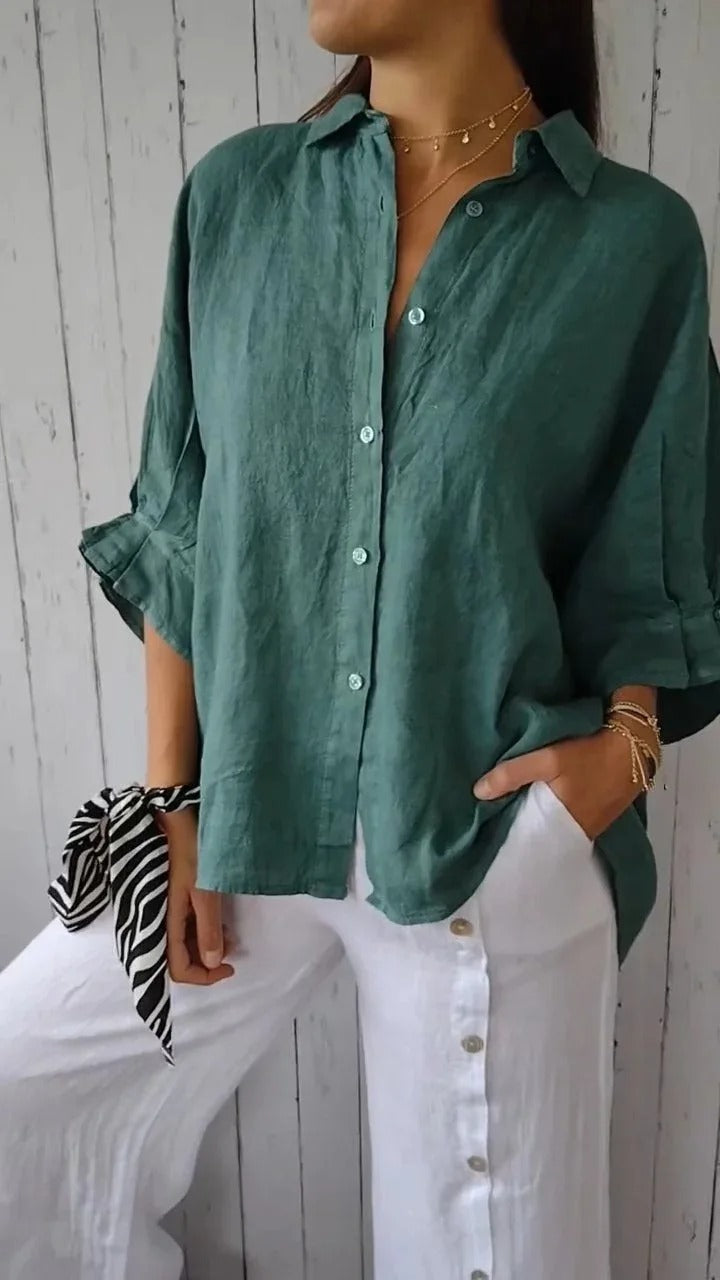 Women's Shirt – 100% Linen – Relaxed Fit – Long Sleeves – Adjustable Cuffs