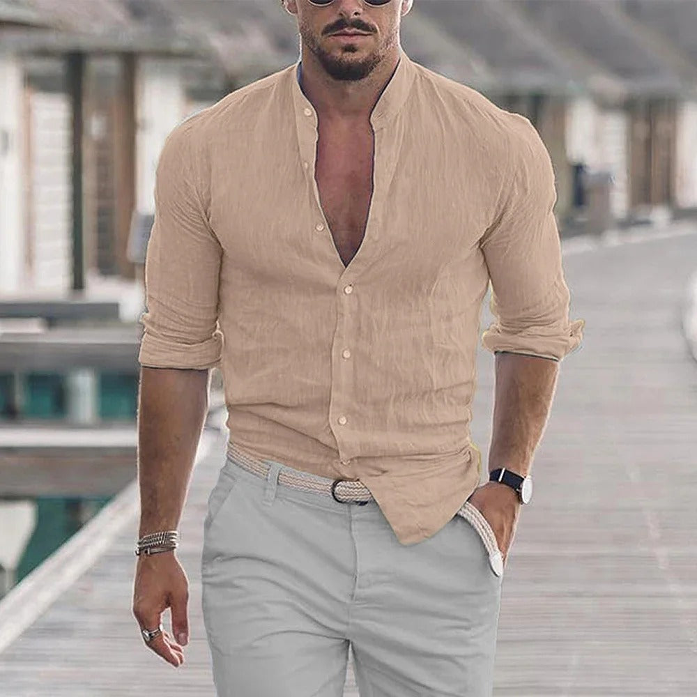 TrendAura Mens Slim Fit Linen Blend Shirt With Mandarin Collar Long Sleeve Breathable Comfort For Casual And Smart Wear