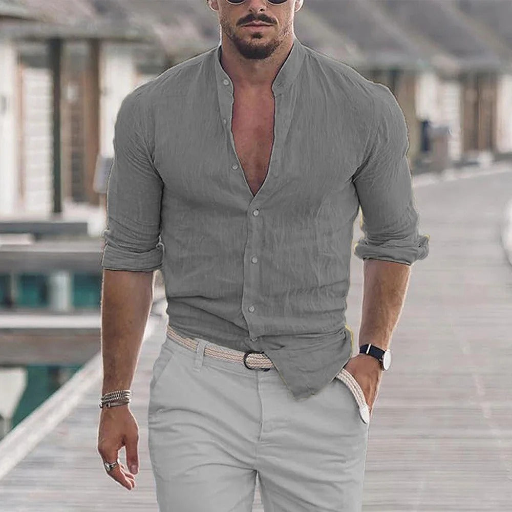 TrendAura Mens Slim Fit Linen Blend Shirt With Mandarin Collar Long Sleeve Breathable Comfort For Casual And Smart Wear