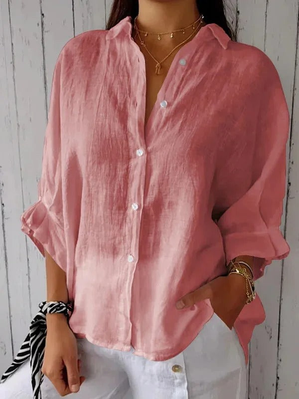 Women's shirt 100% linen long sleeves classic collar fluid cut