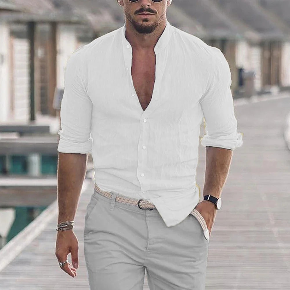 TrendAura Mens Slim Fit Linen Blend Shirt With Mandarin Collar Long Sleeve Breathable Comfort For Casual And Smart Wear