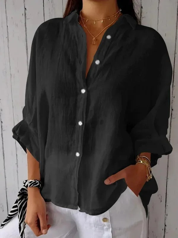 Women's shirt 100% linen long sleeves classic collar fluid cut