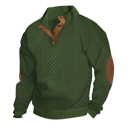 Mens Wool Knit Cable Pattern Sweater With High Collar Button Closure And Elbow Patches Nordic Flair