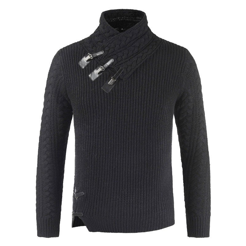Mens Chunky Knit Jumper Asymmetric Neckline Buckle Accent For Modern Layering For Everyday Casual To Semi Formal