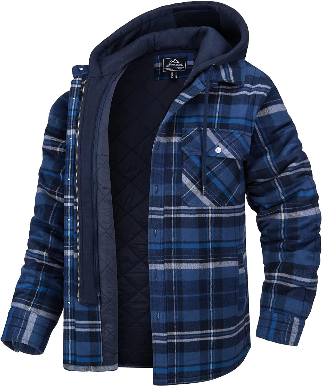 Men's Plaid Shirt Jacket With Flannel Texture Quilted Lining Detachable Hood Relaxed Fit Outerwear Winter Ready