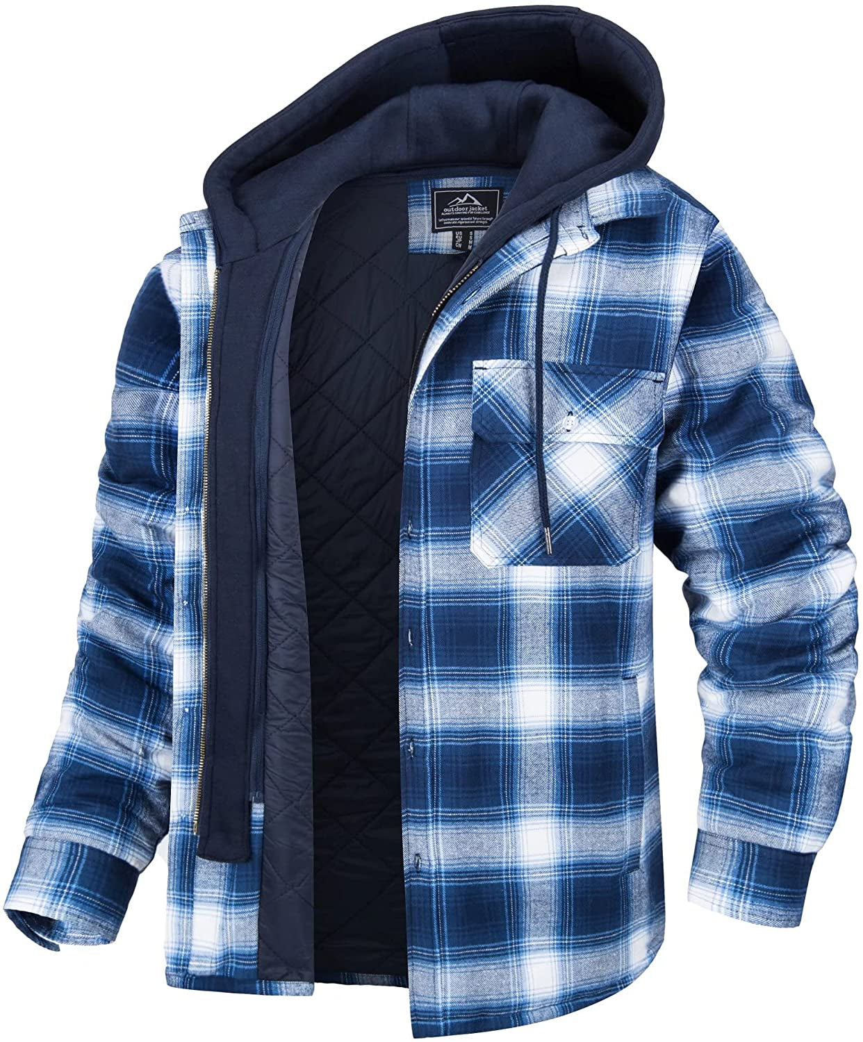 Men's Plaid Shirt Jacket With Flannel Texture Quilted Lining Detachable Hood Relaxed Fit Outerwear Winter Ready