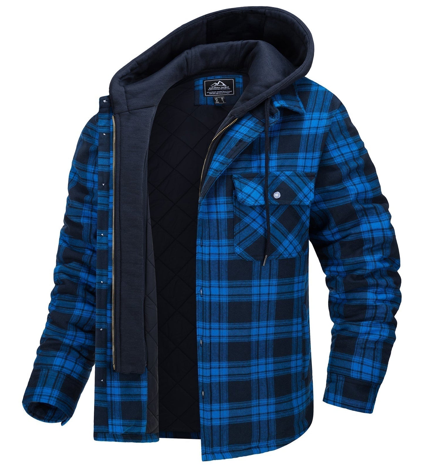 Men's Plaid Shirt Jacket With Flannel Texture Quilted Lining Detachable Hood Relaxed Fit Outerwear Winter Ready