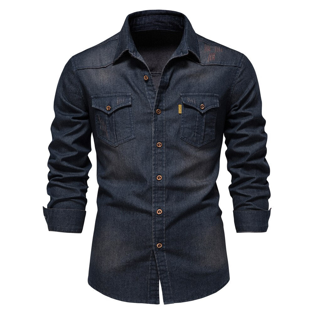 Vossermode Mens Stretch Cotton Denim Shirt With Flexible Comfort And Modern Fit