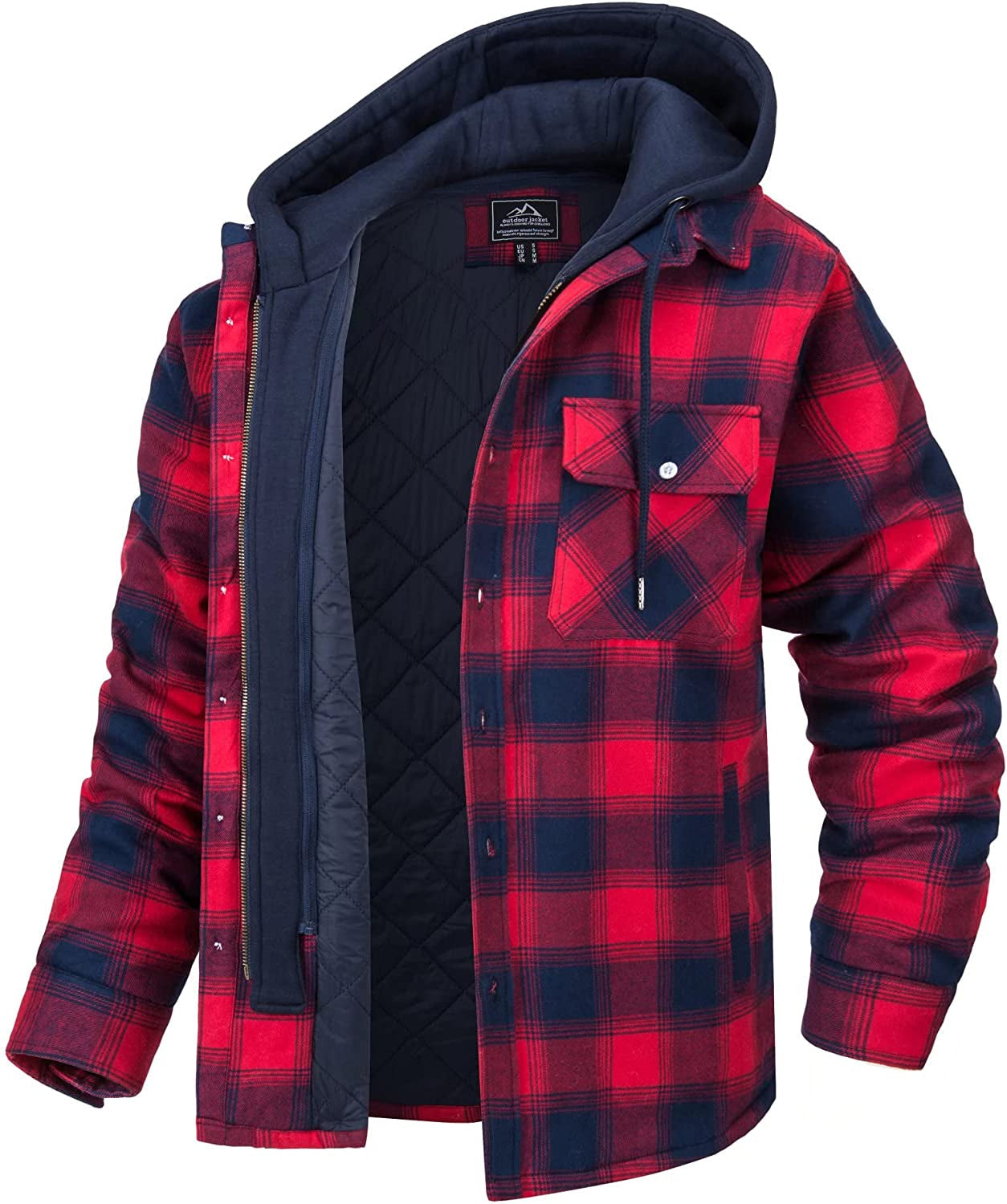 Men's Plaid Shirt Jacket With Flannel Texture Quilted Lining Detachable Hood Relaxed Fit Outerwear Winter Ready