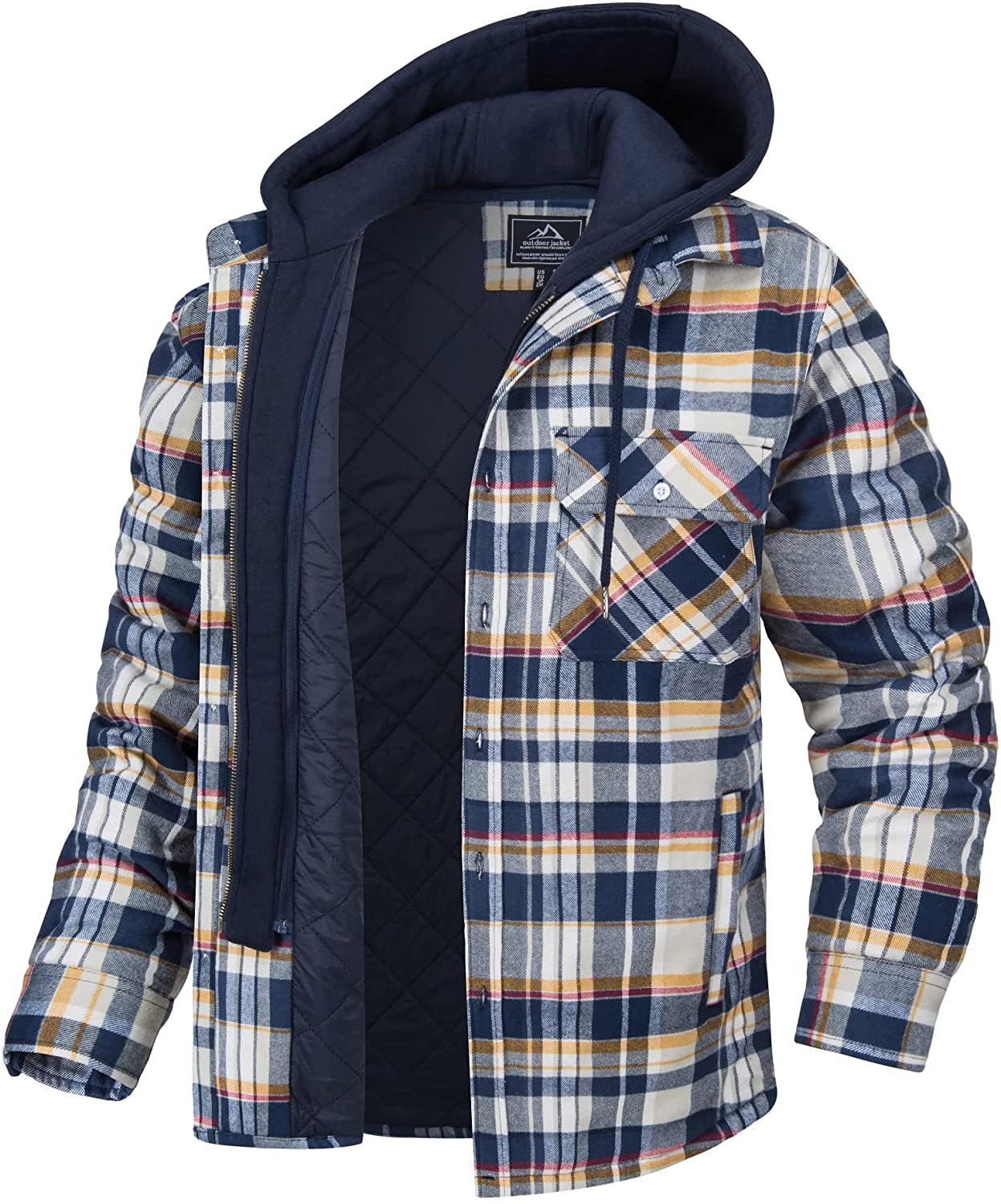 Men's Plaid Shirt Jacket With Flannel Texture Quilted Lining Detachable Hood Relaxed Fit Outerwear Winter Ready