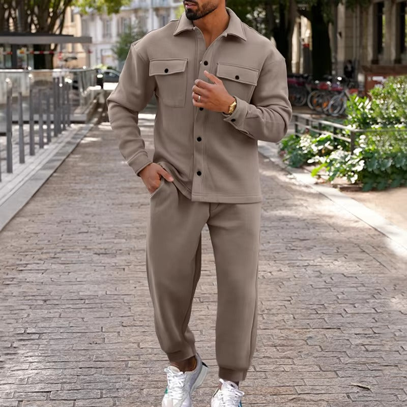 TrendAura Men's Autumn Winter Suede Cargo Jacket And Pants Two Piece Set With Multi Pocket Design