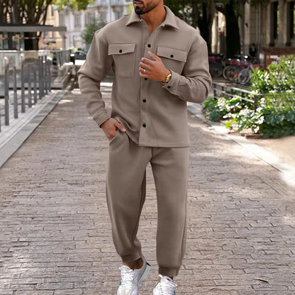 TrendAura Men's Autumn Winter Suede Cargo Jacket And Pants Two Piece Set With Multi Pocket Design