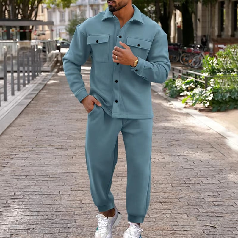TrendAura Men's Autumn Winter Suede Cargo Jacket And Pants Two Piece Set With Multi Pocket Design