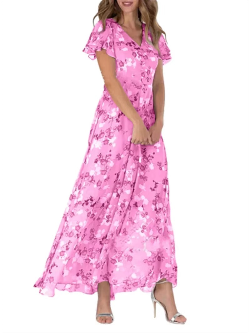 Elegant V Neck Ruffle Sleeve Floral High Waist Dress for Women