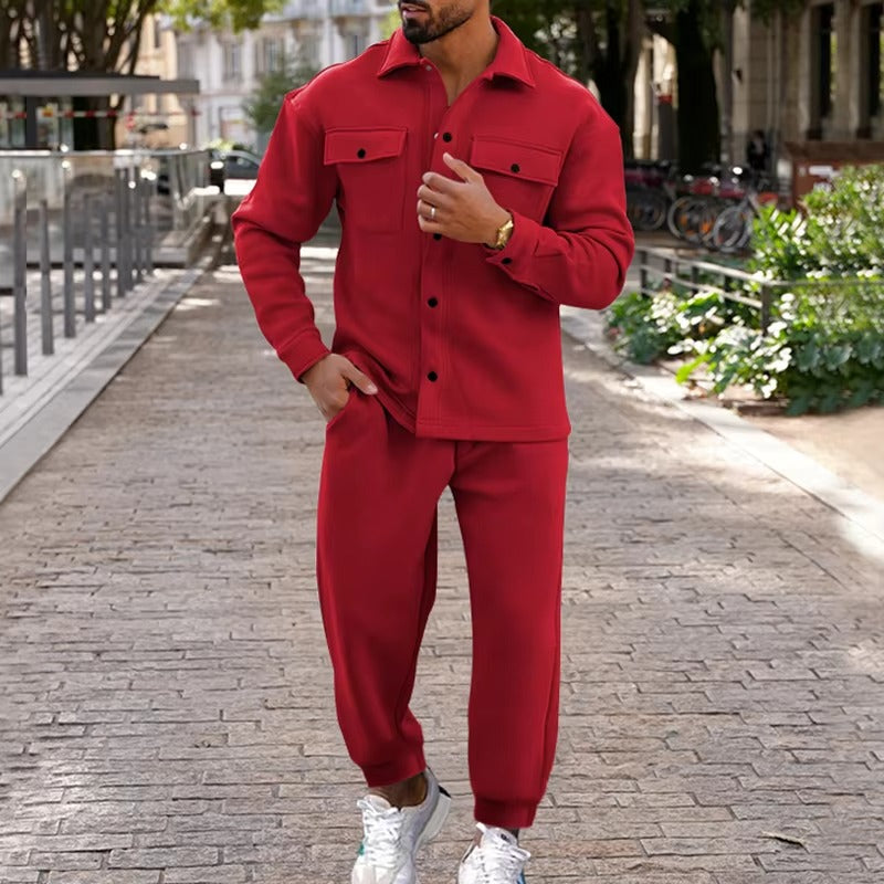 TrendAura Men's Autumn Winter Suede Cargo Jacket And Pants Two Piece Set With Multi Pocket Design