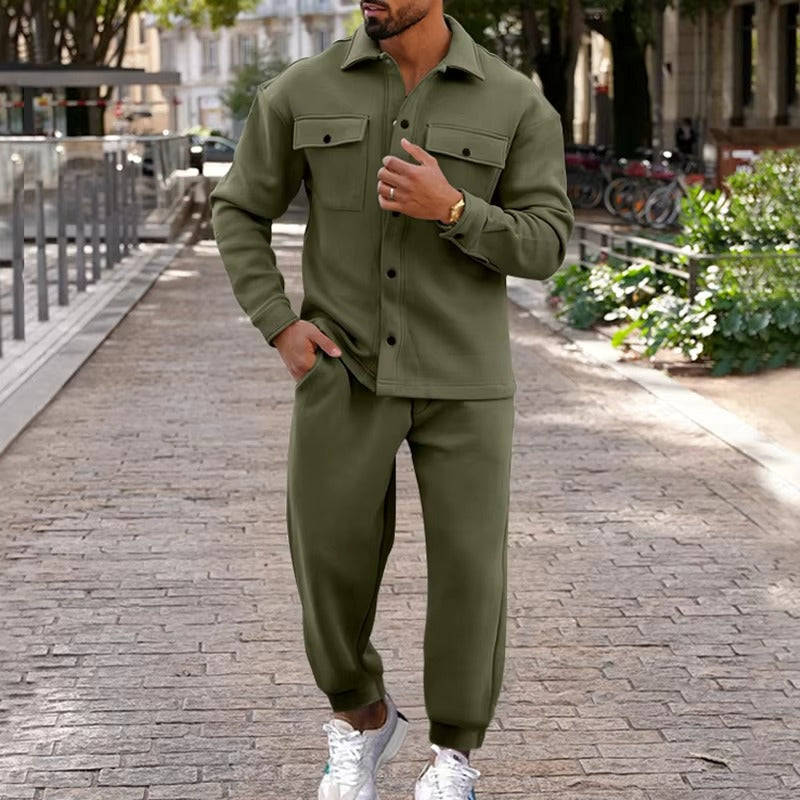 TrendAura Men's Autumn Winter Suede Cargo Jacket And Pants Two Piece Set With Multi Pocket Design