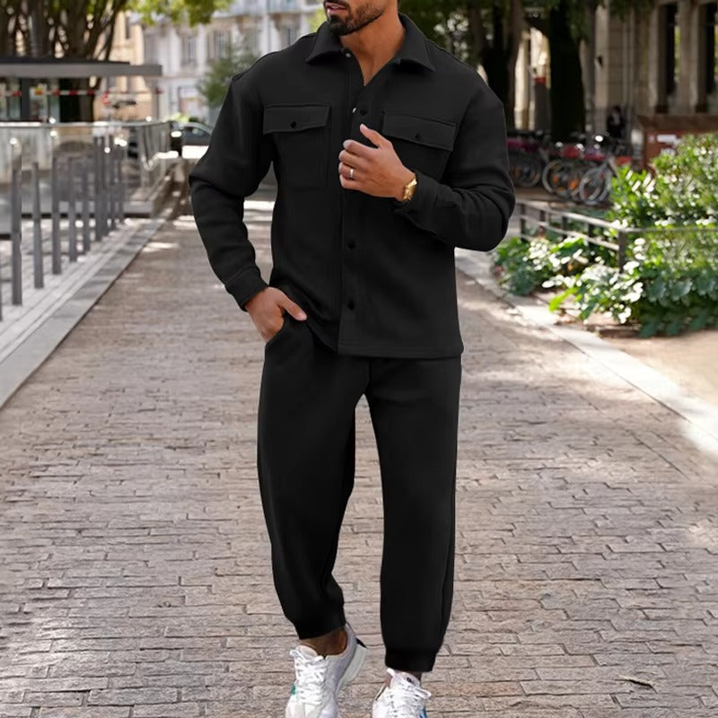 TrendAura Men's Autumn Winter Suede Cargo Jacket And Pants Two Piece Set With Multi Pocket Design