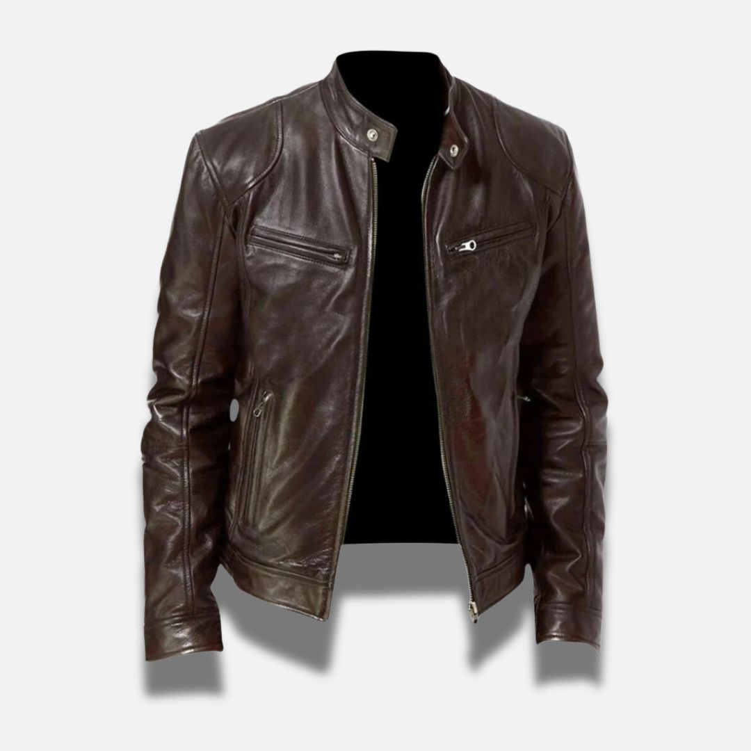 Oscar Slim Fit Premium Leather Racer Jacket With Band Collar And Zipper Pockets For Men