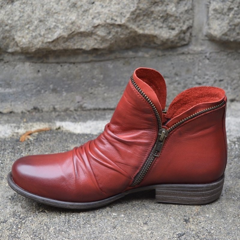Women’s Side-Zip Ankle Boots with Low Heel and Ruched Detailing