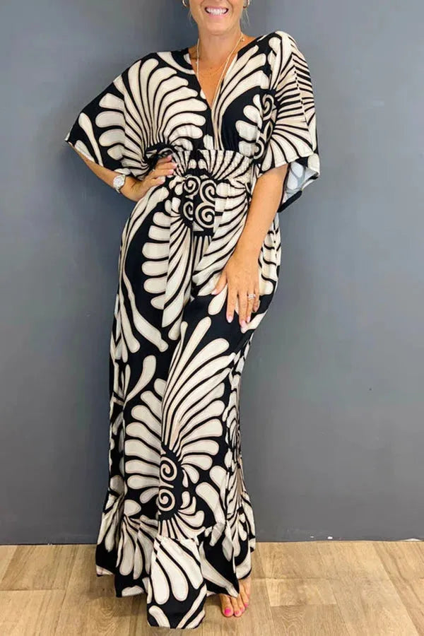 Women's Jumpsuit - V-neck - Wide Sleeves - Smocked Waist - Wide Legs - Bohemian Look