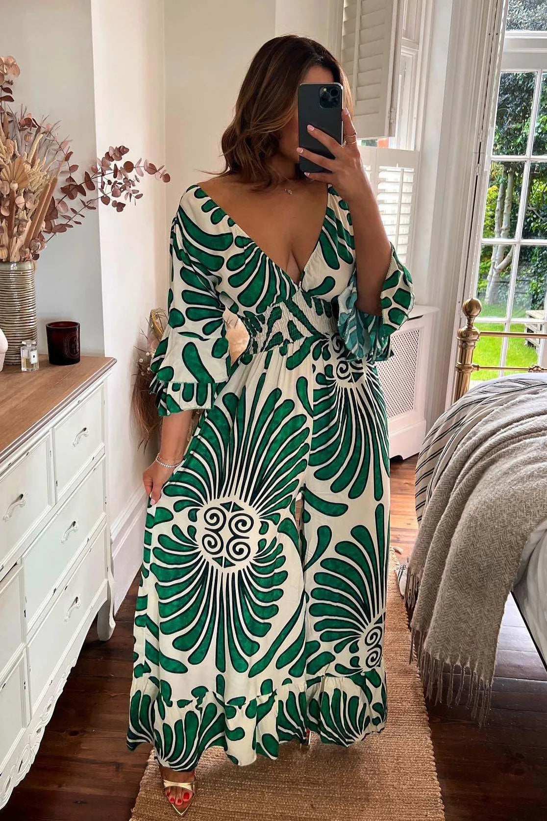 Women's Jumpsuit - V-neck - Wide Sleeves - Smocked Waist - Wide Legs - Bohemian Look
