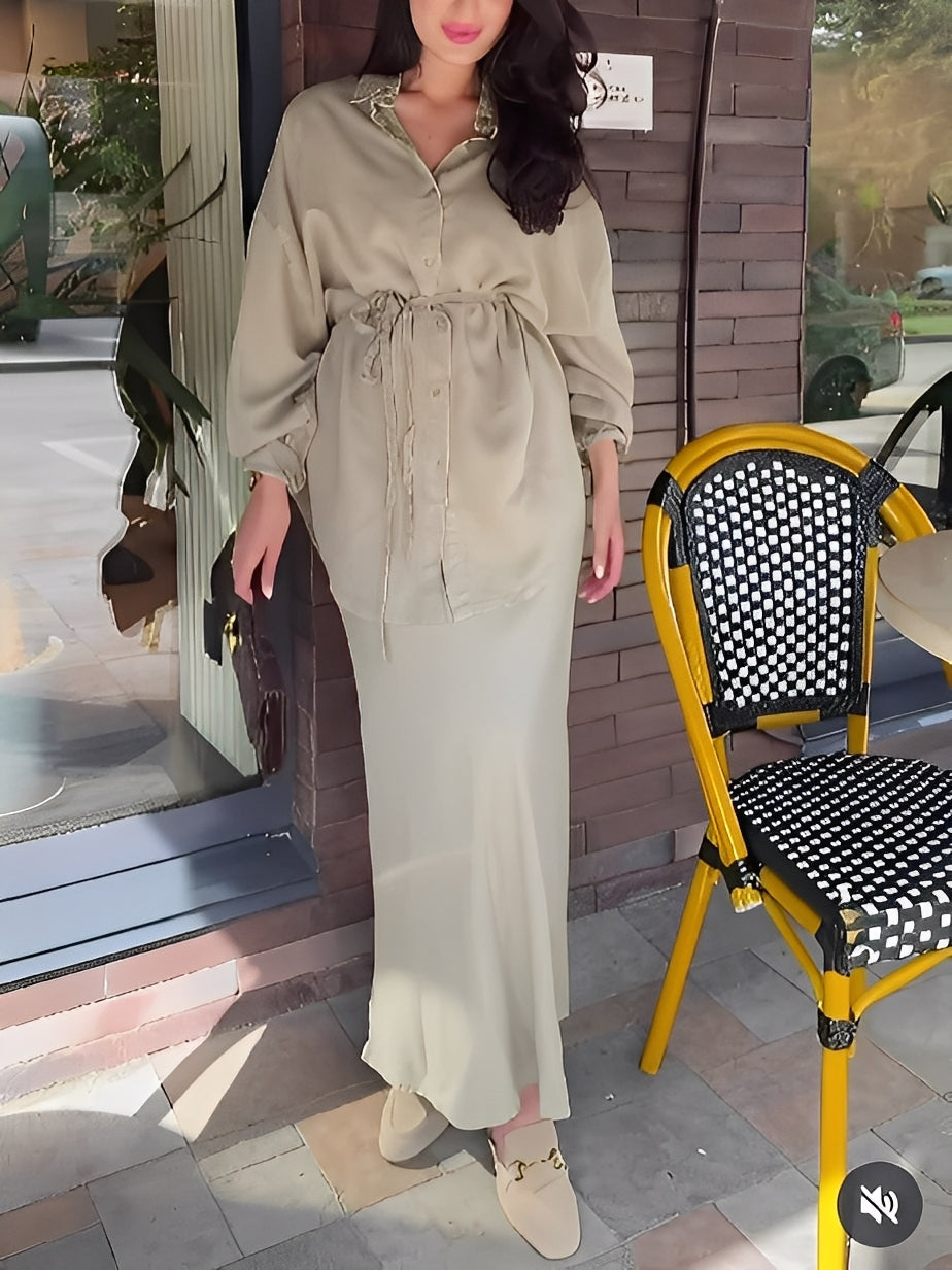 Women's Long-Sleeved Shirt and Skirt Set with Tie-Drawstring and Coordinated Design