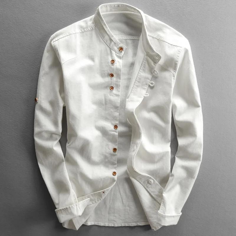 TrendAura Men Slim Fit Linen Mandarin Collar Shirt With Button Front Long Sleeve Hip Length For Casual Wear