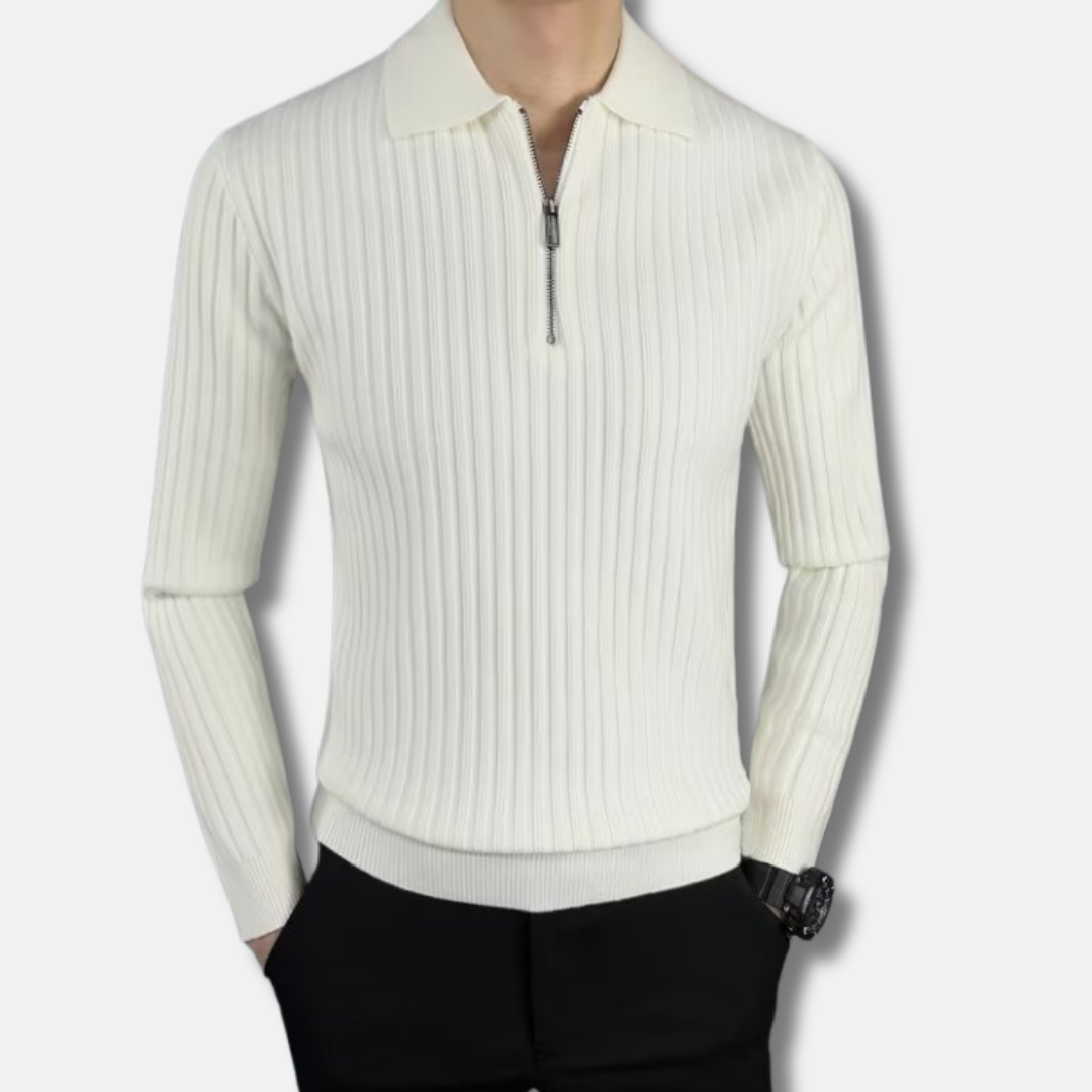 Men's Rib Knit Half Zip Polo Collar Sweater Long Sleeve Slim Fit Knitwear for Smart Casual