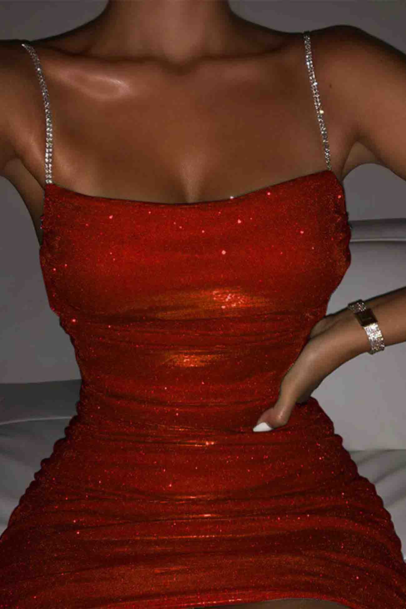 Women's Bodycon Mini Dress - Shiny Fabric - Sleeveless with Spaghetti Straps