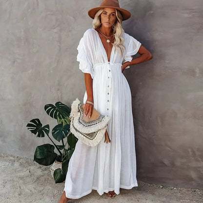 Women's Maxi Dress – Loose Fit – Cotton Blend – Puff Sleeves – V-Neck Boho Style - TrendAura