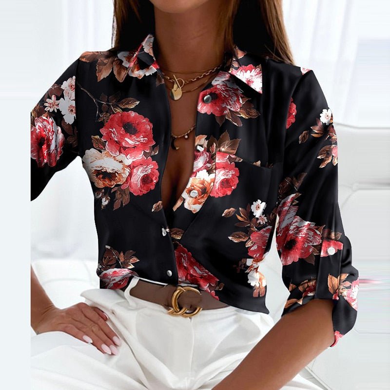 Women's Blouse - Classic Collar - Button Closure - Lightweight & Flowy - Long-Sleeved