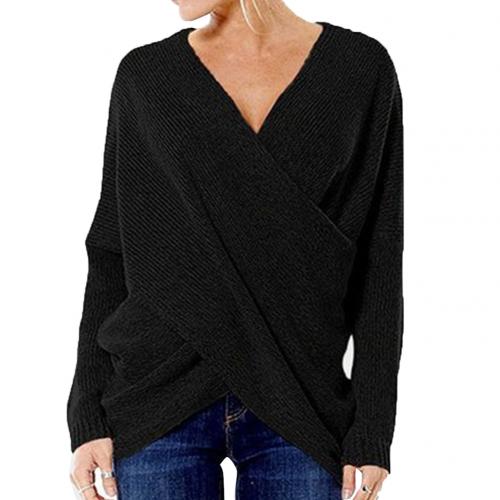 Women’s Pullover – Ribbed Knit – Relaxed Fit – Long Sleeve V-Neck Crossover