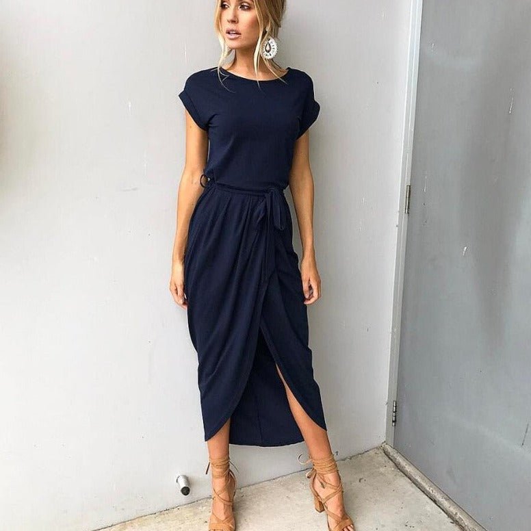 Women's Maxi Dress - Asymmetric Design - Short Sleeve - High Slit - With Belt