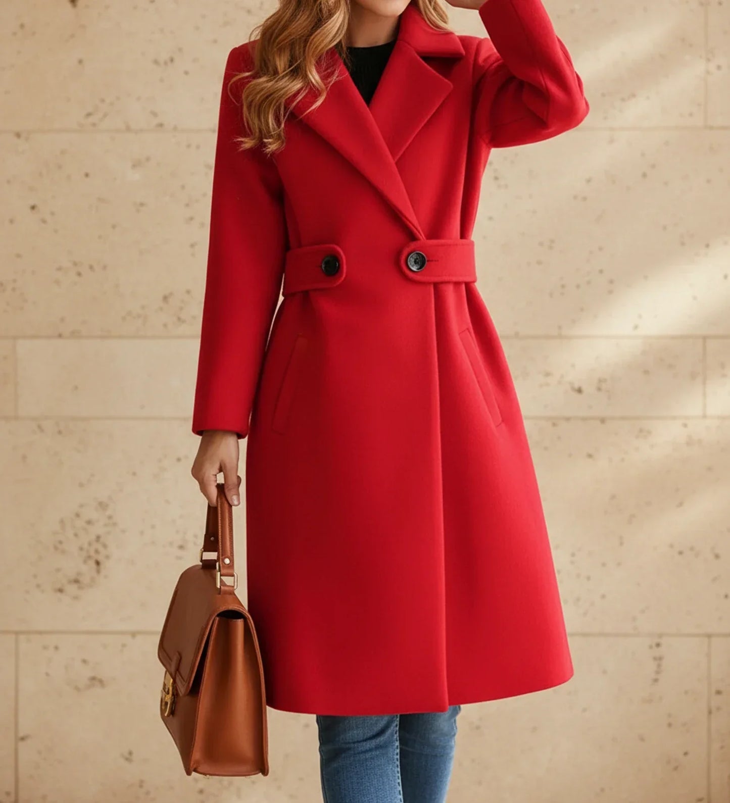 Women's Tailored Belted Coat with Wide Lapel
