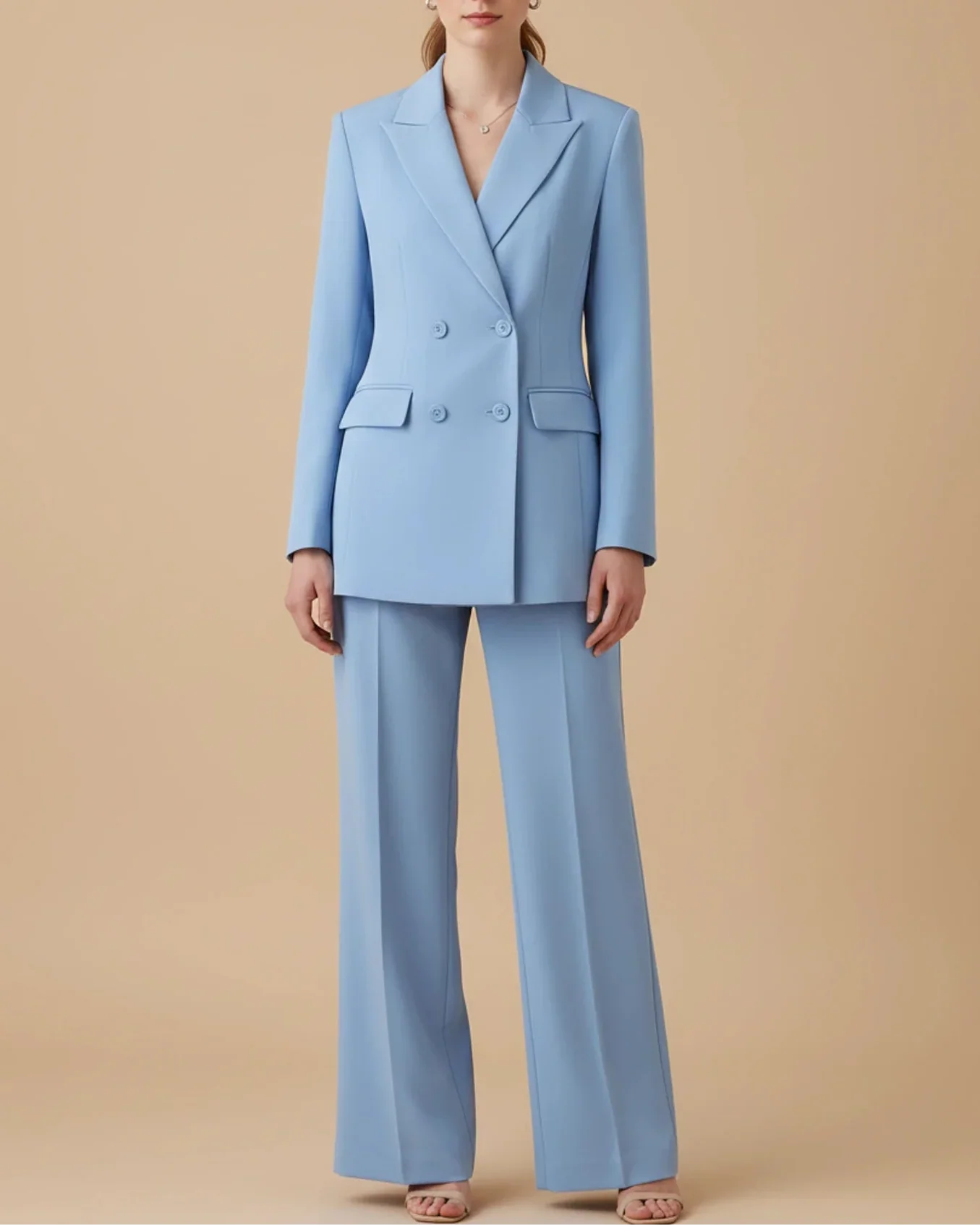 Womens Formal Double Breasted Pantsuit With Tailored Straight Leg Pants And Blazer For Office