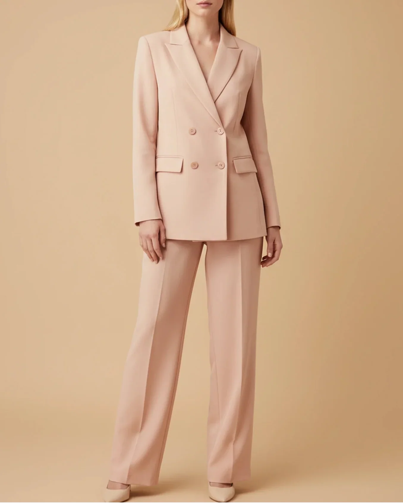 Womens Formal Double Breasted Pantsuit With Tailored Straight Leg Pants And Blazer For Office