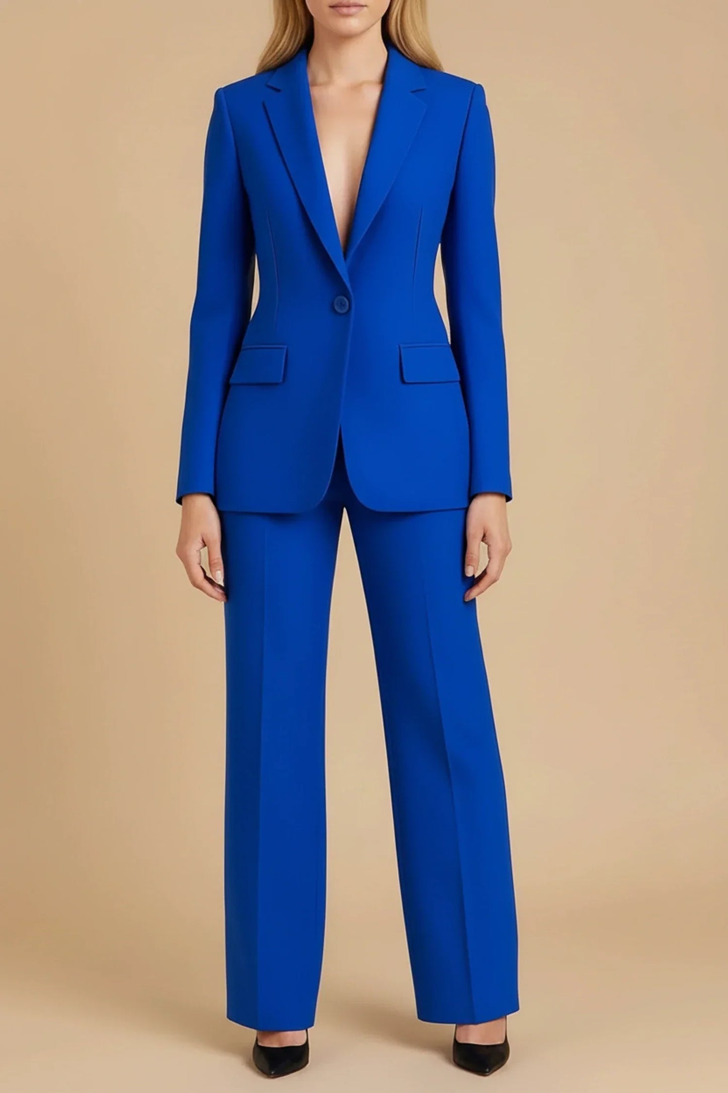 Women's Elegant Business Suit Set With Tailored Long Blazer Notch Lapels Wide Leg Pants Single Button