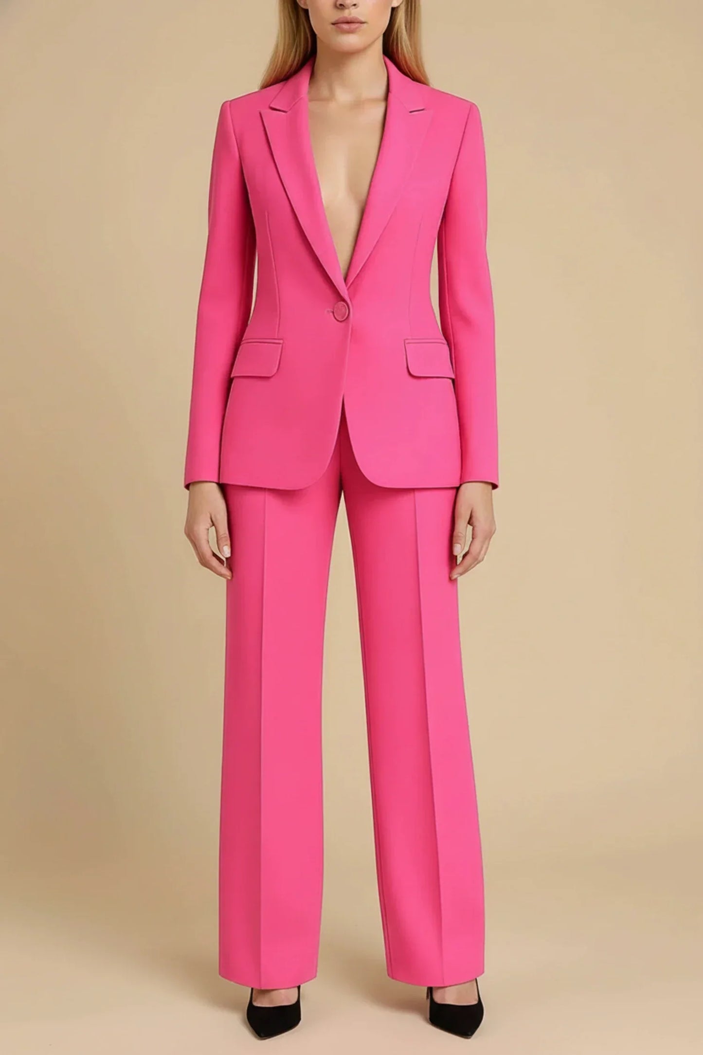 Women's Elegant Business Suit Set With Tailored Long Blazer Notch Lapels Wide Leg Pants Single Button