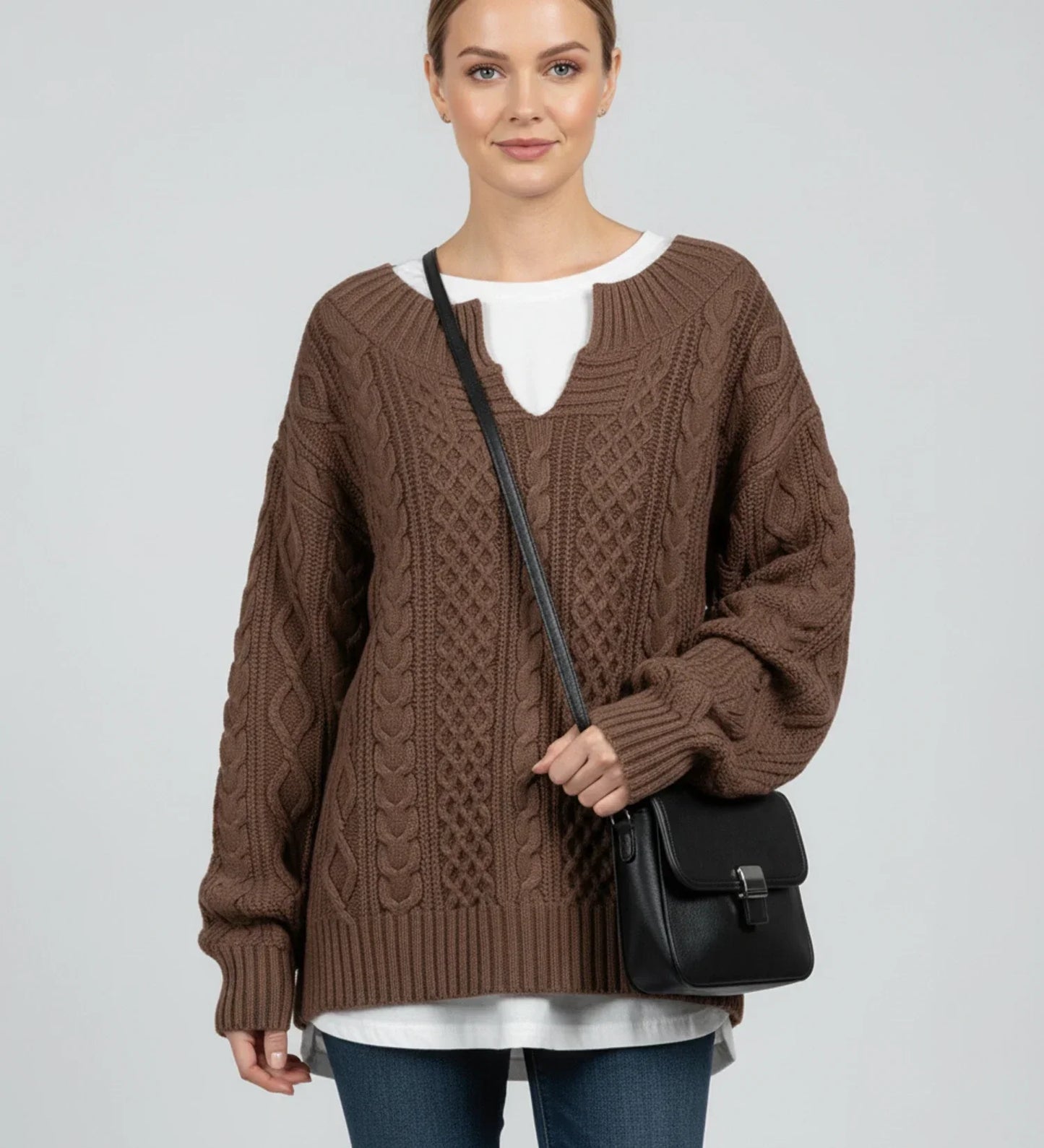 Women's Oversized Cable Knit V-Neck Sweater