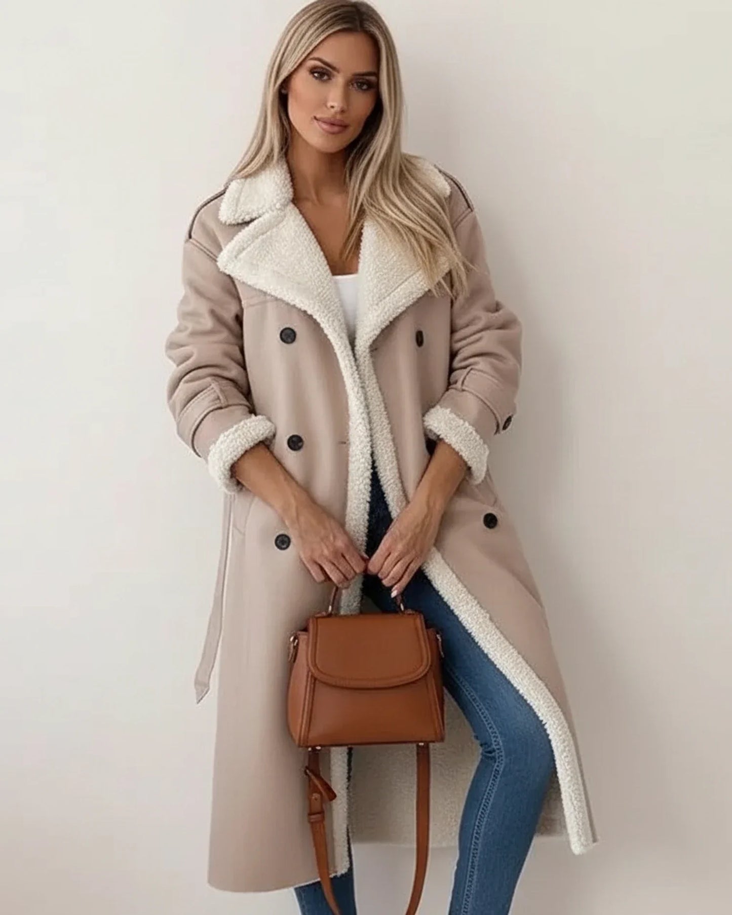 Women's Sherpa Long Winter Coat With Cozy Belted Silhouette And Double Breasted Style