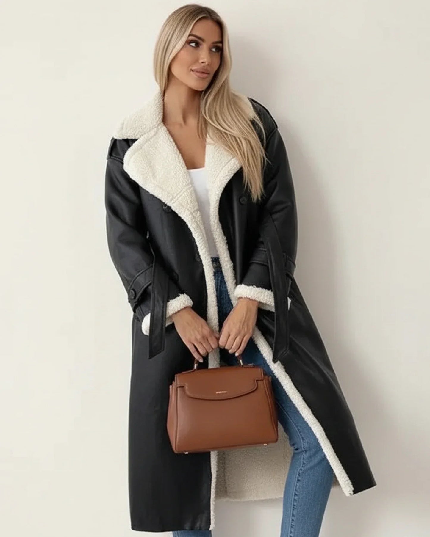Women's Sherpa Long Winter Coat With Cozy Belted Silhouette And Double Breasted Style