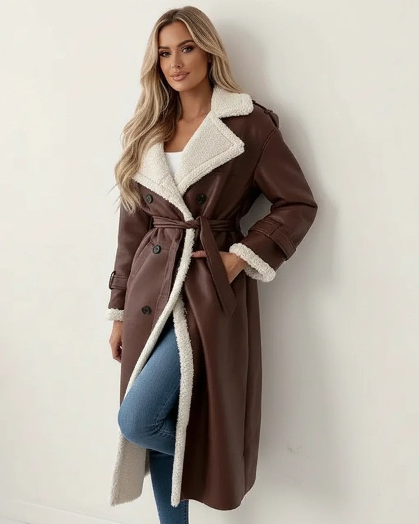 Women's Sherpa Long Winter Coat With Cozy Belted Silhouette And Double Breasted Style
